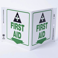 A photograph of a 00264 first aid wall-projecting v-sign w/ icon and down arrow.