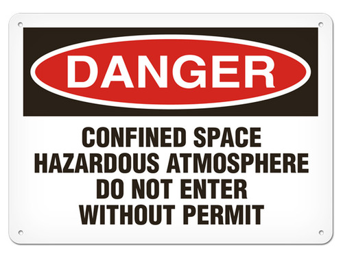 A photograph of a 01707 danger, confined space hazardous atmosphere do not enter without permit OSHA sign.