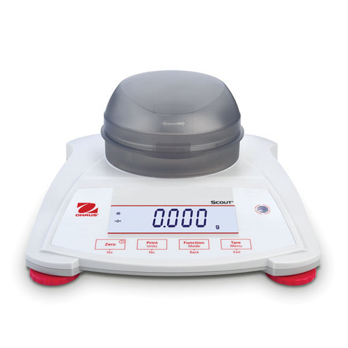 Photograph of Ohaus Scout® SPX Balance with draft shield closed, front facing.