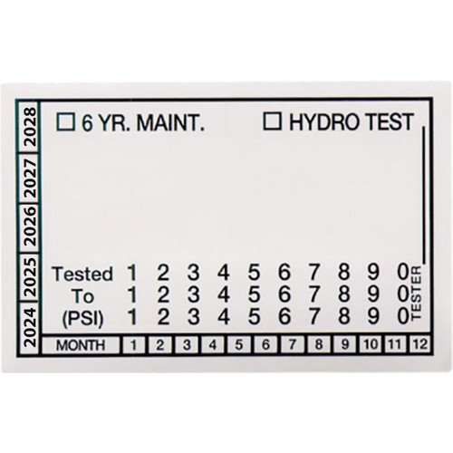 A photograph of a single 09249 fire extinguisher 6 year maintenance and hydrostatic test label.