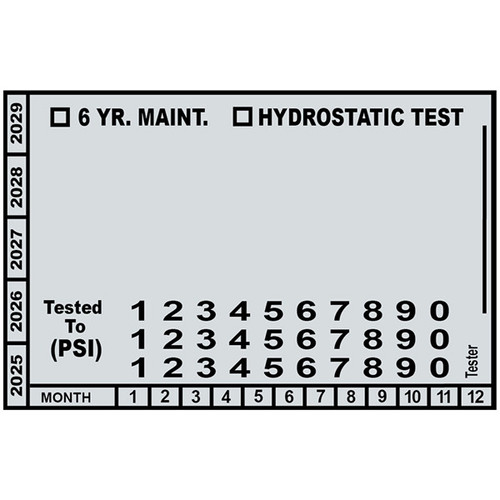 A photograph of a single 09249 fire extinguisher 6 year maintenance and hydrostatic test label.