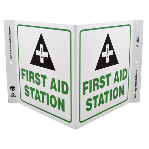 Photograph of the First Aid Station Wall-Projecting V-Sign w/ Icon.
