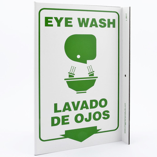 A photograph of a 00263-gl bilingual english/spanish eye wash wall-projecting l-sign w/ graphics.