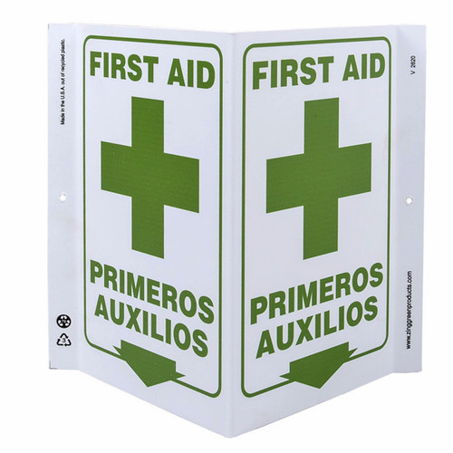 A photograph of a 00264-g bilingual english/spanish first aid wall-projecting v-sign w/ icon and down arrow.