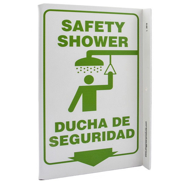 Bilingual English/Spanish Safety Shower Wall-Projecting L-Sign w/ Icon and  Down Arrow