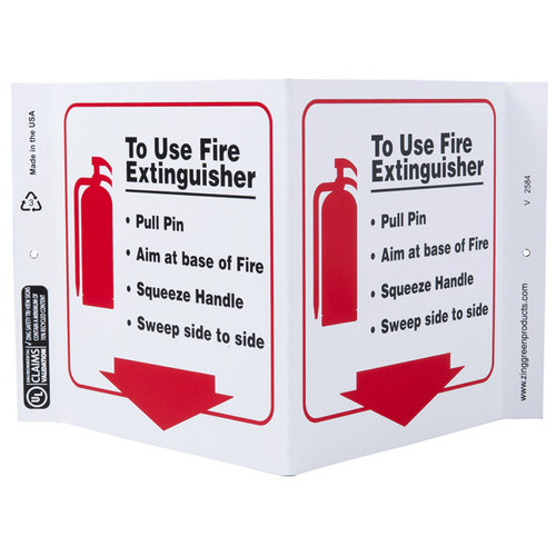 Photograph of the Fire Extinguisher PASS Instructional Wall-Projecting V-Sign w/ Icon and Down Arrow.