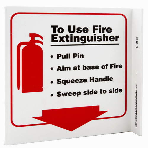 Photograph of the Fire Extinguisher PASS Instructional Wall-Projecting L-Sign w/ Icon and Down Arrow.