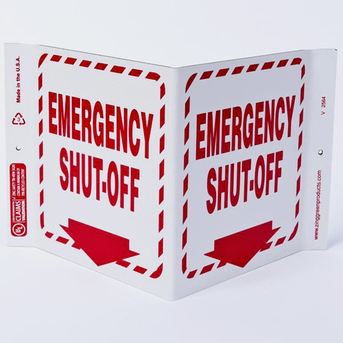 Photograph of the Emergency Shut-Off Wall-Projecting V-Sign w/ Down Arrow.