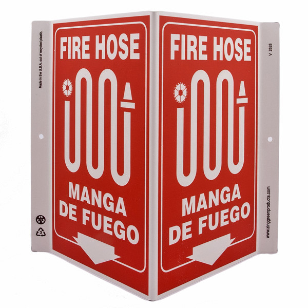 Bilingual English/Spanish Fire Hose Wall-Projecting V-Sign w/ Icon and Down  Arrow