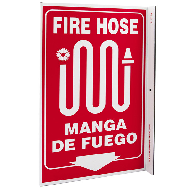 Bilingual English/Spanish Fire Hose Wall-Projecting L-Sign w/ Icon and Down  Arrow