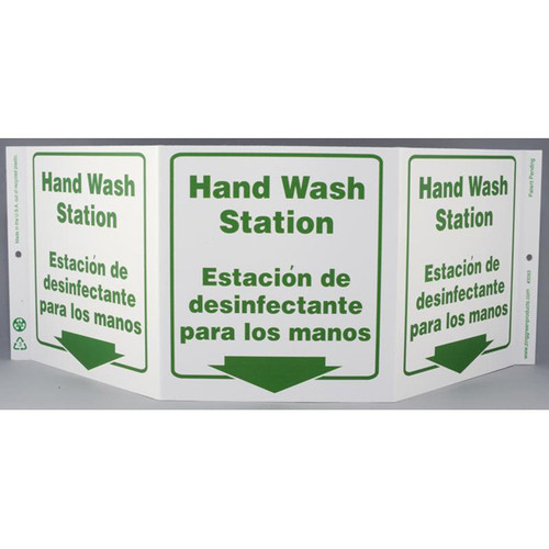 Photograph of the Bilingual English/Spanish Hand Wash Station Tri-View Sign w/ Down Arrow.