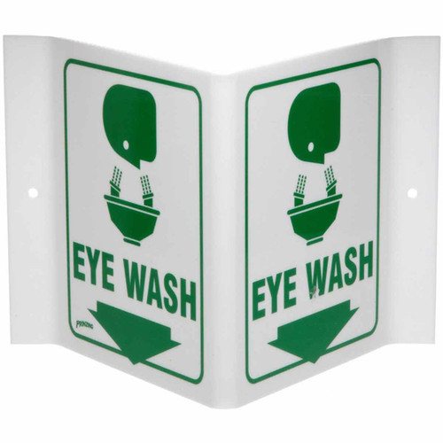 A photograph of a 00263-x rigid acrylic eye wash v-sign w/ graphics.