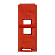 A photograph of a 07156-x brady wall light switch lockout device, red.
