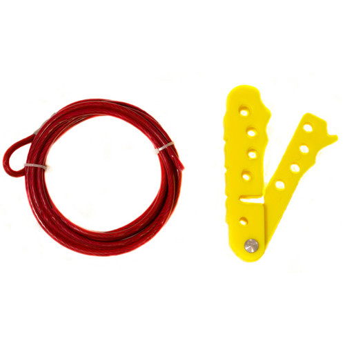 A photograph of a yellow 07136 Zing 4-hole cable lockout with 6-foot cable.