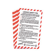 A photograph of several 07071 wallet size lockout safety cards, in bilingual english/spanish, with 10 per package.