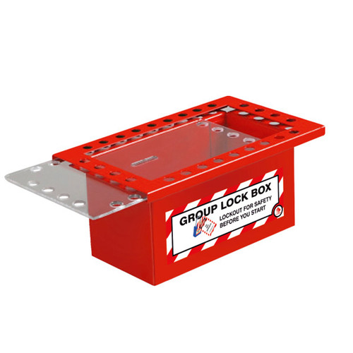 A photograph of a red 07062 26-lock red steel group lockout box with clear sliding lid.