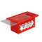 A photograph of a red 07062 26-lock red steel group lockout box with clear sliding lid.
