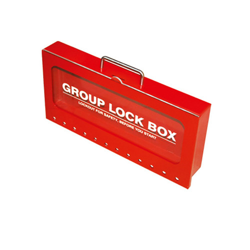 A photograph of a red 07063 portable wall-mountable group lockout box with clear window.