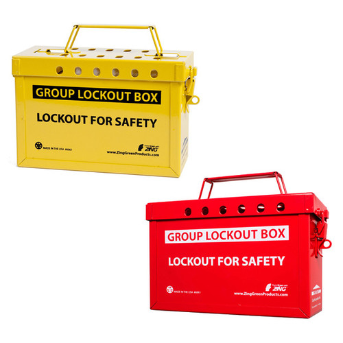A photograph of a red and a yellow 07064 Zing Recyclockout group lockout boxes.
