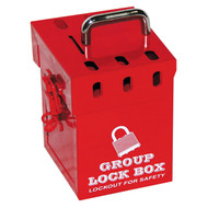 A photograph of a red 07065 7-lock mini group lockout box.