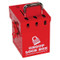 A photograph of a red 07065 7-lock mini group lockout box.