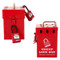 A photograph of front and side of a red 07065 7-lock mini group lockout box with padlocks affixed.