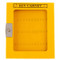 A photograph of a yellow 07067 lockout key cabinet with clear window and 60 key capacity.