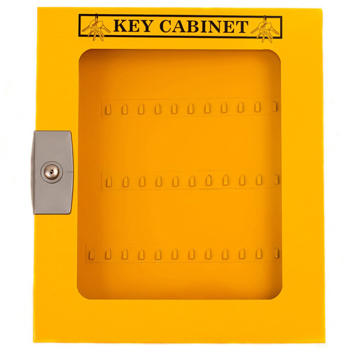 A photograph of a yellow 07067 lockout key cabinet with clear window and 160 key capacity.