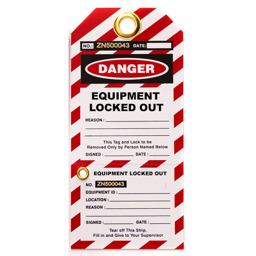 A photograph of a red and white 07092 equipment locked out lockout tag with perforated stub, and 10 per package.