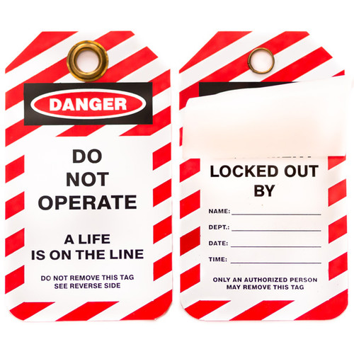 A photograph of front and back of a 07093 self-laminating lockout tag, with 10 per package.