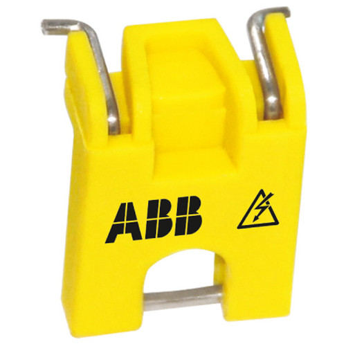 A photograph of a yellow 07131 ABB circuit breaker lockout device.