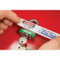 A photograph of over-laminate label 07251 reading "Dange.r Do Not Remove This Lock" being placed on a metal padlock (not included).