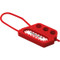 A photograph of a red 07265 flexible 3-hole dielectric nylon lockout hasp.