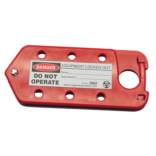 A photograph of a red 07261 Zing Recyclockout lockout tagout hasp/tag combination.