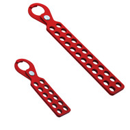 A photograph of two red 07263 large steel lockout hasps, with 12 and 24 holes.