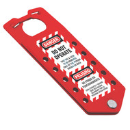 A photograph of a red 07268 aluminum lockout tagout hasp/tag, in bilingual english/spanish.