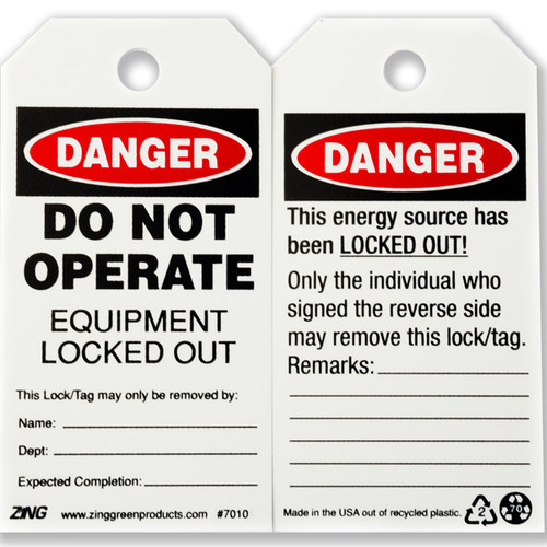 A photograph of front and back of a 07280 Zing Eco danger, do not operate equipment locked out tags, with 10 per package.