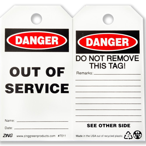 A photograph of front and back of a 07281 Zing Eco danger, out of service tag, with 10 per package.
