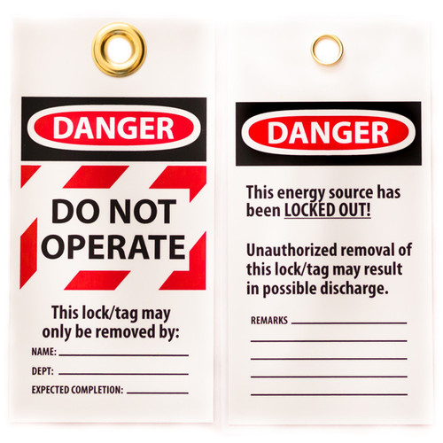 A photograph of front and back of a 07282 Zing Eco danger, do not operate lockout tag with grommets and striped highlight, and 10 per package. 