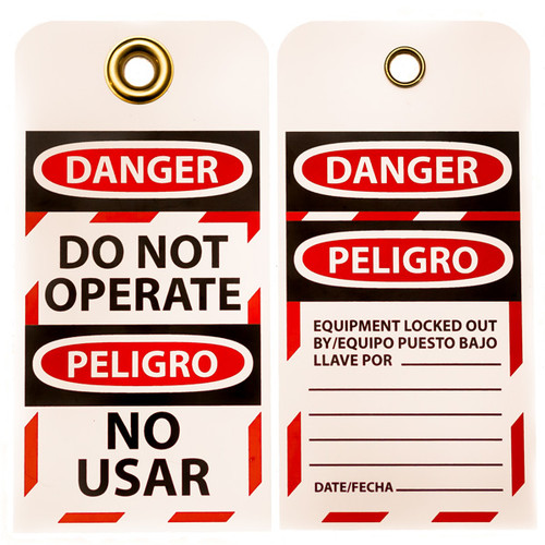A photograph of front and back of a 07283 Zing Eco danger, do not operate lockout tags with grommets, in bilingual english/spanish, and 10 per package.