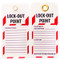 A photograph of front and back of a 07284 Zing Eco lock-out point tags with grommets and red and white striping, with 10 per package.