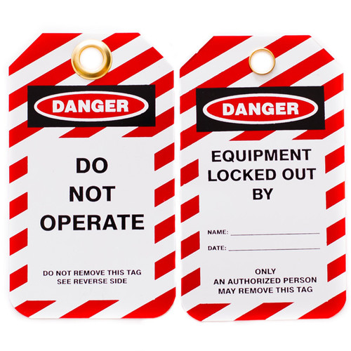 A photograph of front and back of a 07285 Zing Eco danger, do not operate lockout tags with grommets and red and white striping, and 10 per package.