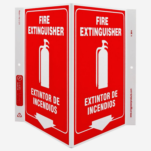 Photograph of the Bilingual English/Spanish Fire Extinguisher Wall-Projecting V-Sign w/ Icon and Down Arrow.