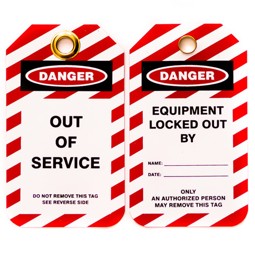 A photograph of front and back of a 07286 Zing Eco danger, out of service lockout tags with grommets and red and white striping, and 10 per package.