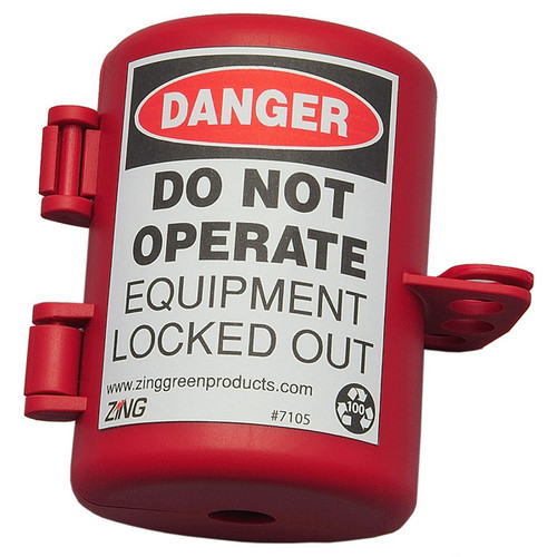 A photograph of a red 07005 Zing Recyclockout™ small plug lockout device.