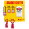 A photograph of a fully equipped 07053 Zing Recyclockout™ 3-padlock lockout/tagout station, with safety padlocks, lockout devices, and lockout tags.