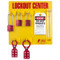 A photograph of a fully equipped 07053 Zing Recyclockout™ 3-padlock lockout/tagout station, with metal padlocks, lockout devices, and lockout tags.