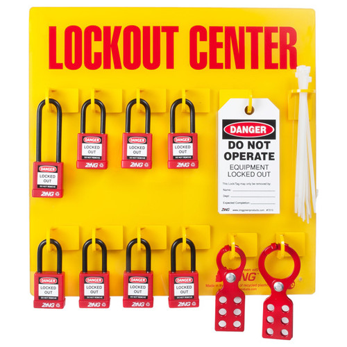 A photograph of a fully equipped 07054 Zing Recyclockout™ 8-padlock lockout/tagout station, with safety padlocks, lockout devices, and lockout tags.
