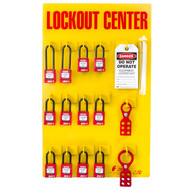 A photograph of a fully equipped 07055 Zing Recyclockout™ 12-padlock lockout/tagout station, with safety padlocks, lockout devices, and lockout tags.
