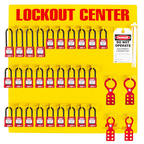 A photograph of a fully equipped 07056 Zing Recyclockout™ 28-padlock lockout/tagout station, with safety padlocks, lockout devices, and lockout tags.
